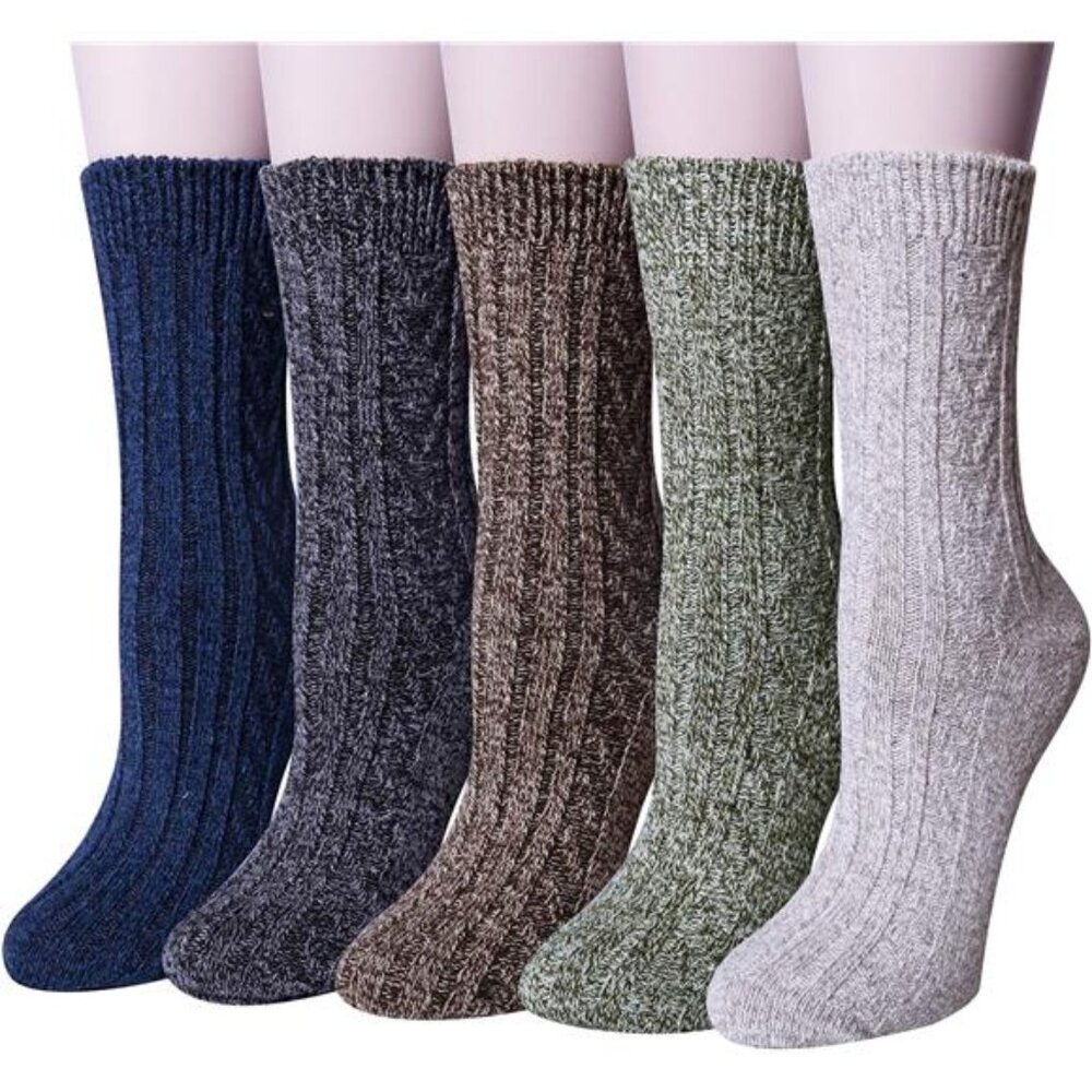 Pack of 5 Womens Wool Socks Winter Warm Thick Knit Soft Vintage Casual Crew